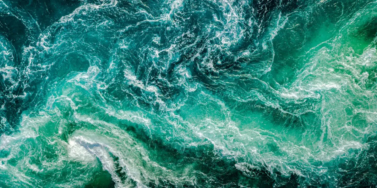 Powerful whirlpools of the Maelstrom at Saltstraumen in Nordland, Norway, where river and sea currents meet.