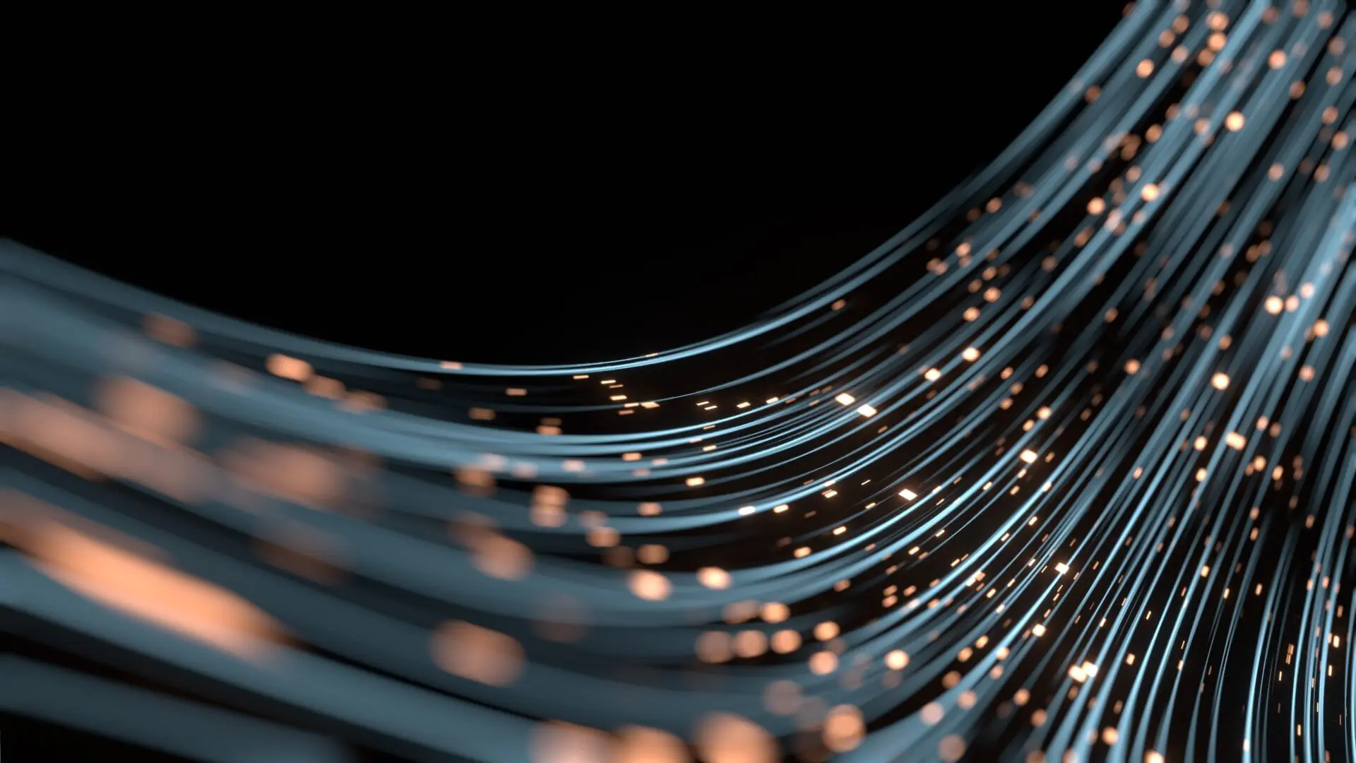 Dynamische Lichtwellen mit leuchtenden Partikeln in Blau- und Orangetönen, die digitale Datenströme symbolisieren.