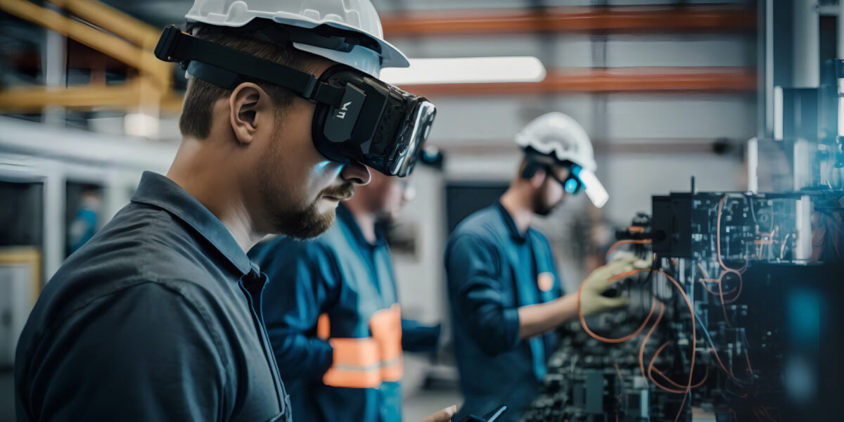 High-tech industrial factory with modern technology, where employees work in front of machines wearing special glasses.