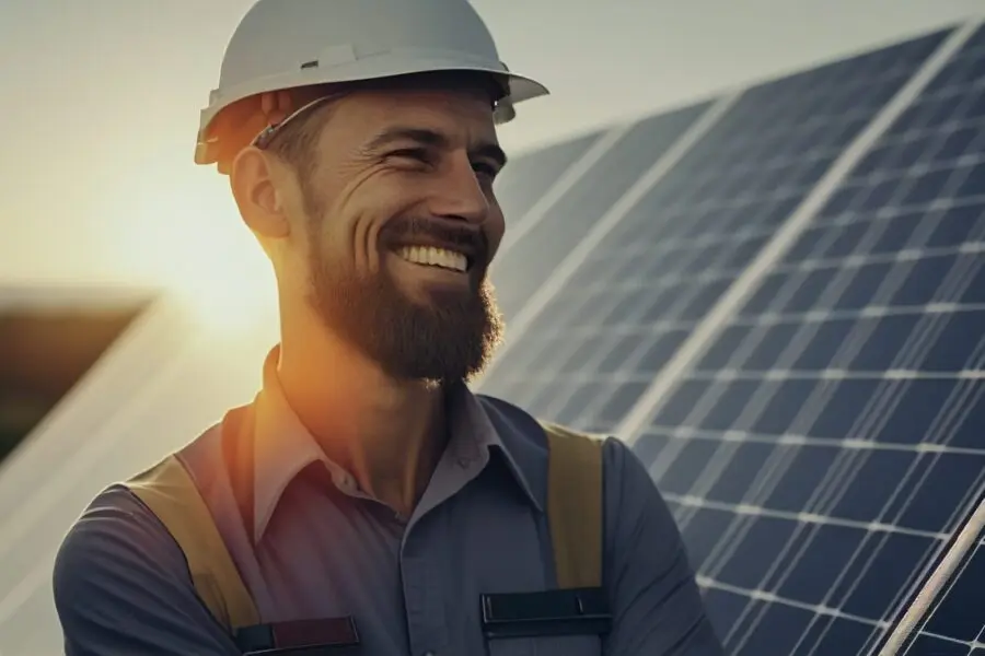 Smiling engineer checks the operation and cleanliness of photovoltaic solar cells in the sunshine.