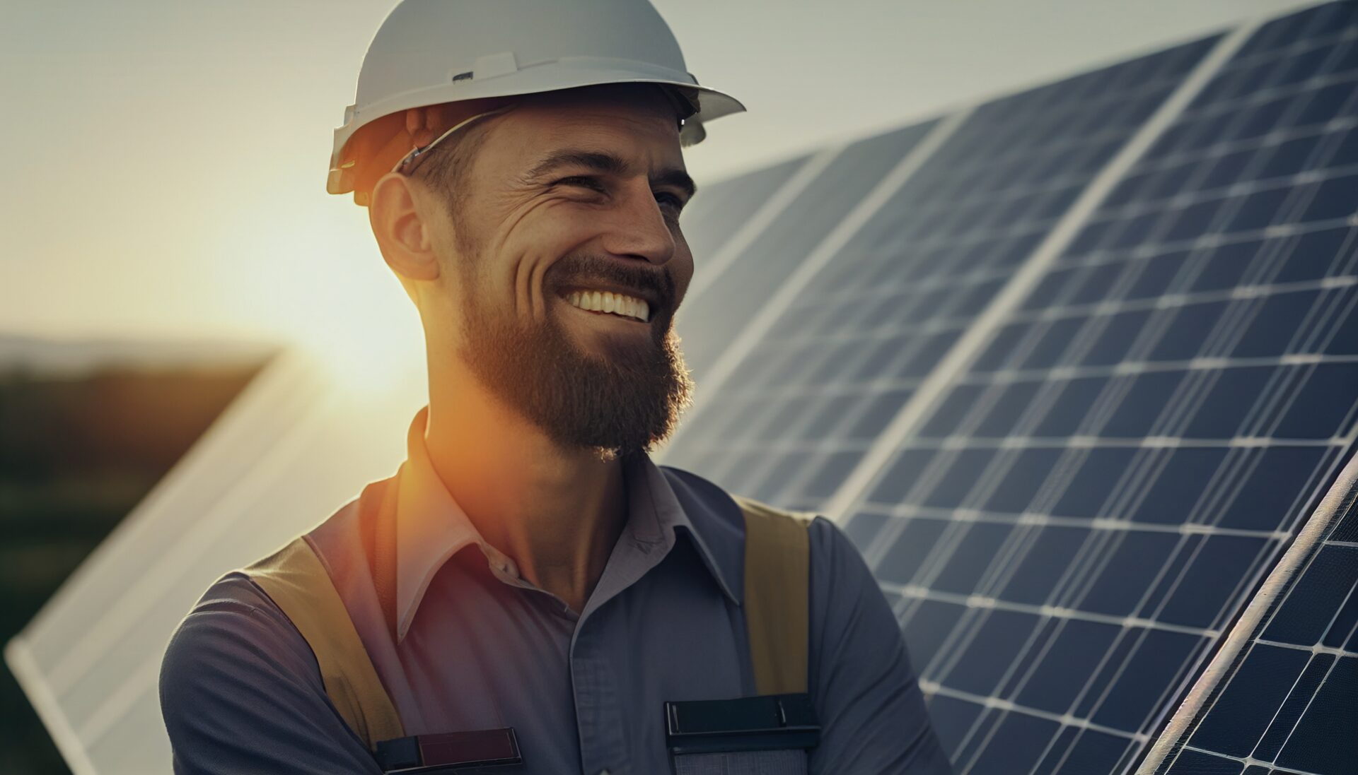 Engineer man with a smile checking the operation of the sun and the cleanliness of photovoltaic solar panels.