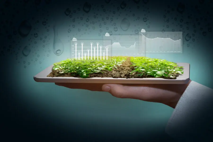 A hand holds a digital tablet displaying a patch of green crops with virtual data charts hovering above, symbolizing agriculture technology and data-driven farming.