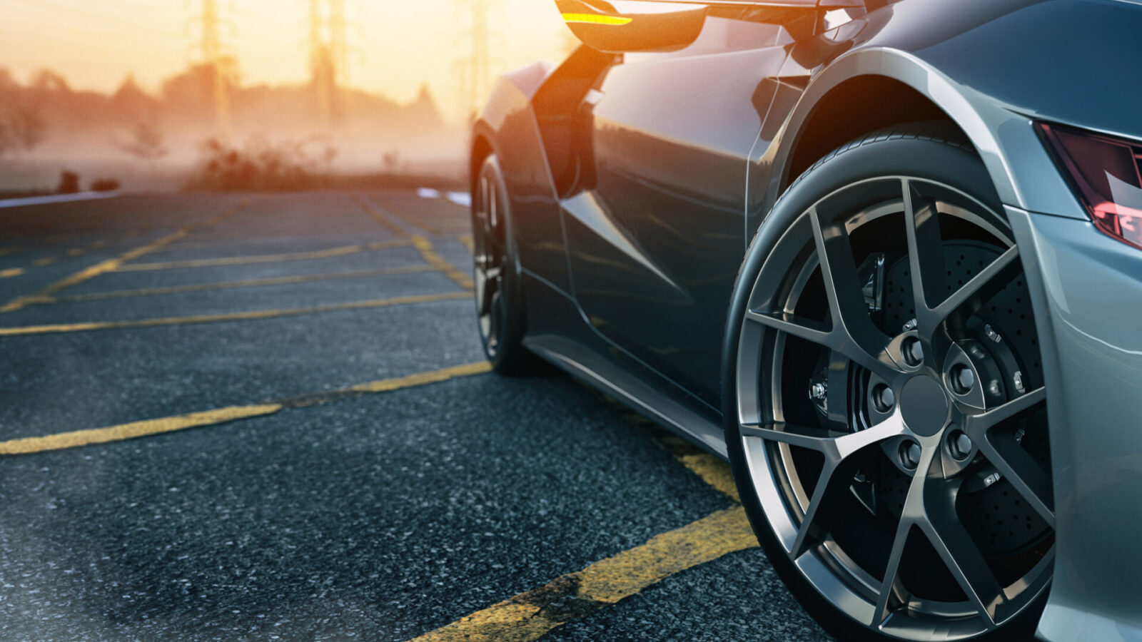 Hochwertiges 3D-Rendering eines schwarzen Autos auf einer Straße mit realistischer Beleuchtung und Reflexionen.