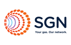 Logo with orange and purple concentric dotted circles on the left, and the text SGN in bold blue letters on the right. Below it reads, Your gas. Our network. in smaller blue text.