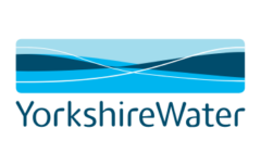 Yorkshire Water logo featuring stylized blue waves above the company name Yorkshire Water written in modern blue font.