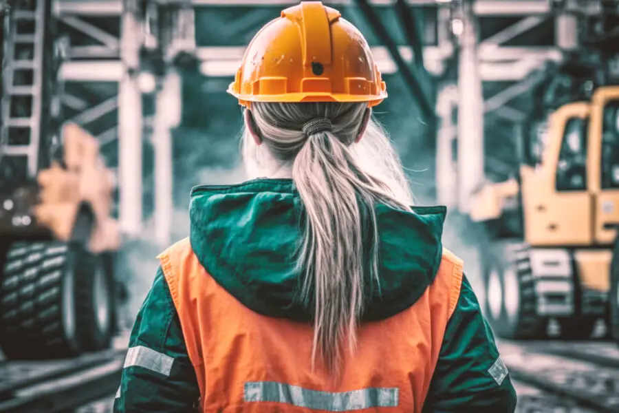 Junge Arbeiterin mit Schutzhelm und Sicherheitsausrüstung auf einer Baustelle.