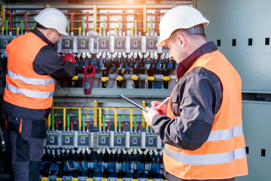 Zwei Arbeiter mit Schutzhelmen und orangefarbenen Westen prüfen elektrische Geräte. Einer arbeitet mit einem Tablet, während der andere in einem offenen Schaltschrank voller Kabel und Geräte arbeitet.