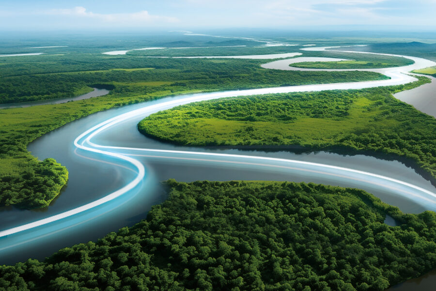 A winding river flows through lush green forest, with a glowing light trail following its curves under a bright blue sky.