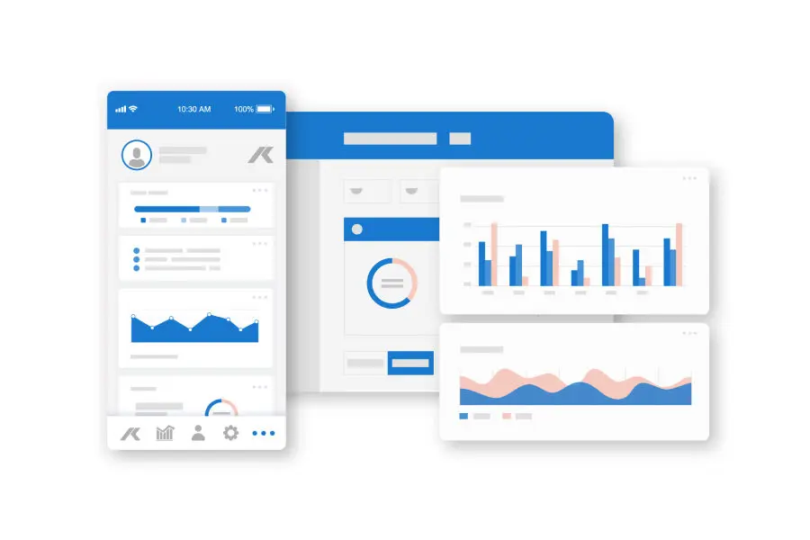 Abbildung einer digitalen Dashboard-Schnittstelle mit verschiedenen blauen und rosafarbenen Grafiken, Diagrammen und Menüs auf überlappenden rechteckigen Feldern und einem mobilen Bildschirm, die Datenanalyse oder Benutzeroberflächendesign darstellen.