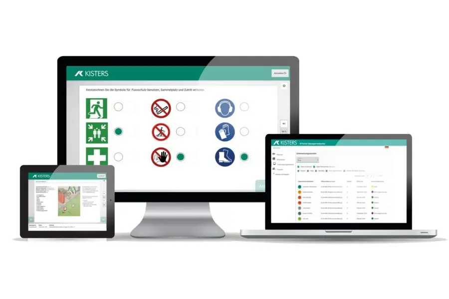 A tablet, desktop monitor, and laptop display different screens of KISTERS software, featuring checklists, safety symbols, and navigation menus on white backgrounds.