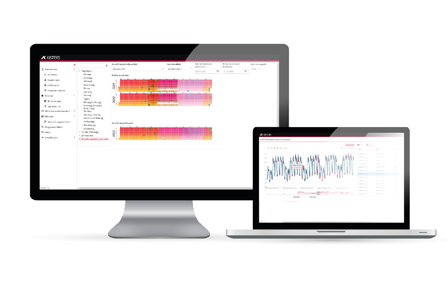 A desktop monitor and a laptop display data dashboards with colorful heatmaps and line graphs on a white background. The screens show analytical software interfaces with menus and various data visualizations.