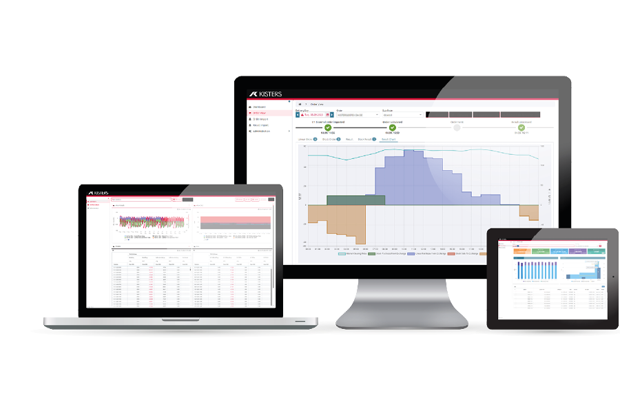 A laptop, desktop monitor, and tablet display various data, charts, and graphs on their screens, showing business analytics dashboards with a white background.