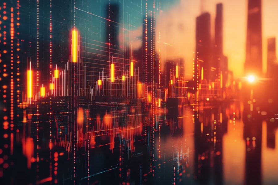 Ein abstraktes digitales Diagramm mit orangefarbenen und roten Kerzen überlagert eine verschwommene Skyline bei Sonnenuntergang und symbolisiert die Finanzmärkte oder Aktienhandelsaktivitäten in einem städtischen Umfeld.
