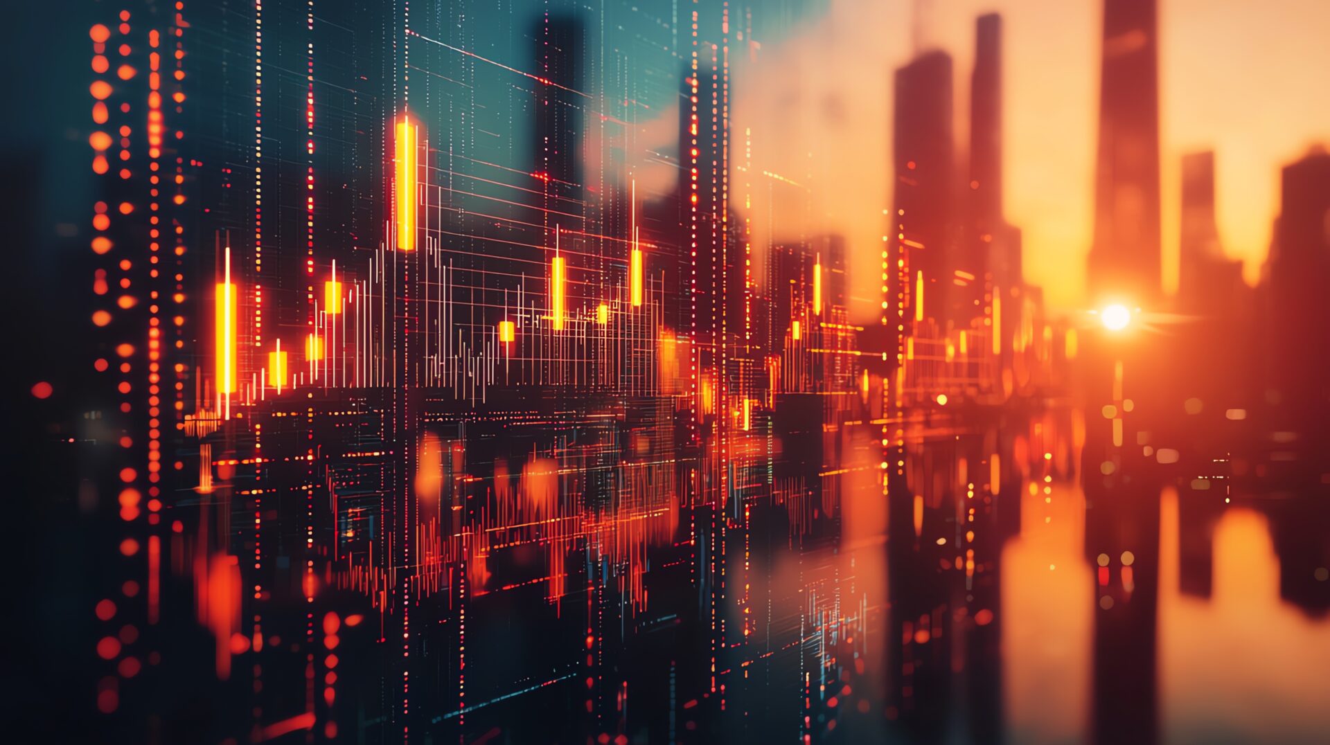Digital stock market graph with glowing orange and red lines overlays a blurred city skyline at sunset, symbolizing financial growth and technology in an urban setting.