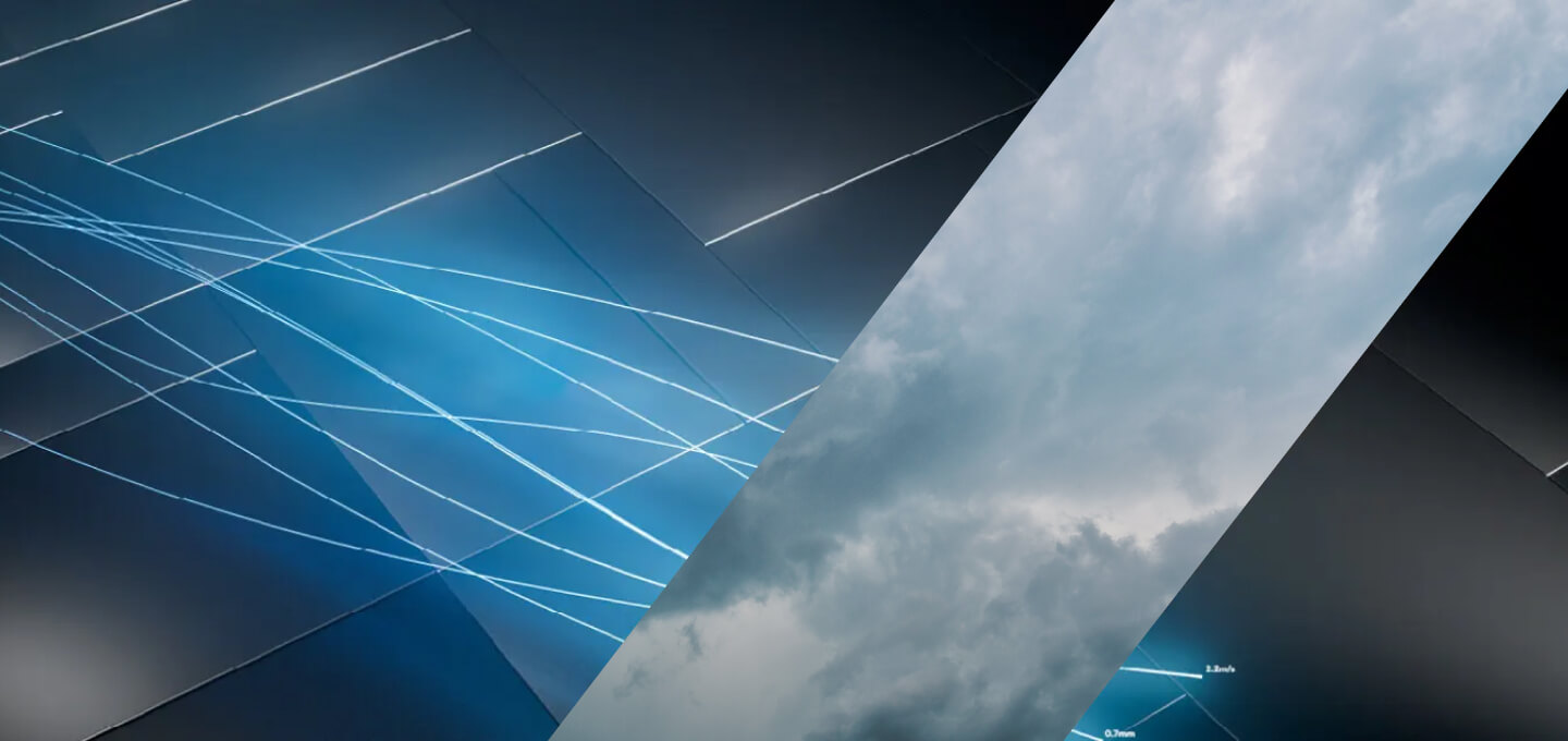 Abstract image featuring diagonal panels; the left side shows blue lines and geometric patterns on a dark surface, while the right side displays a cloudy sky.