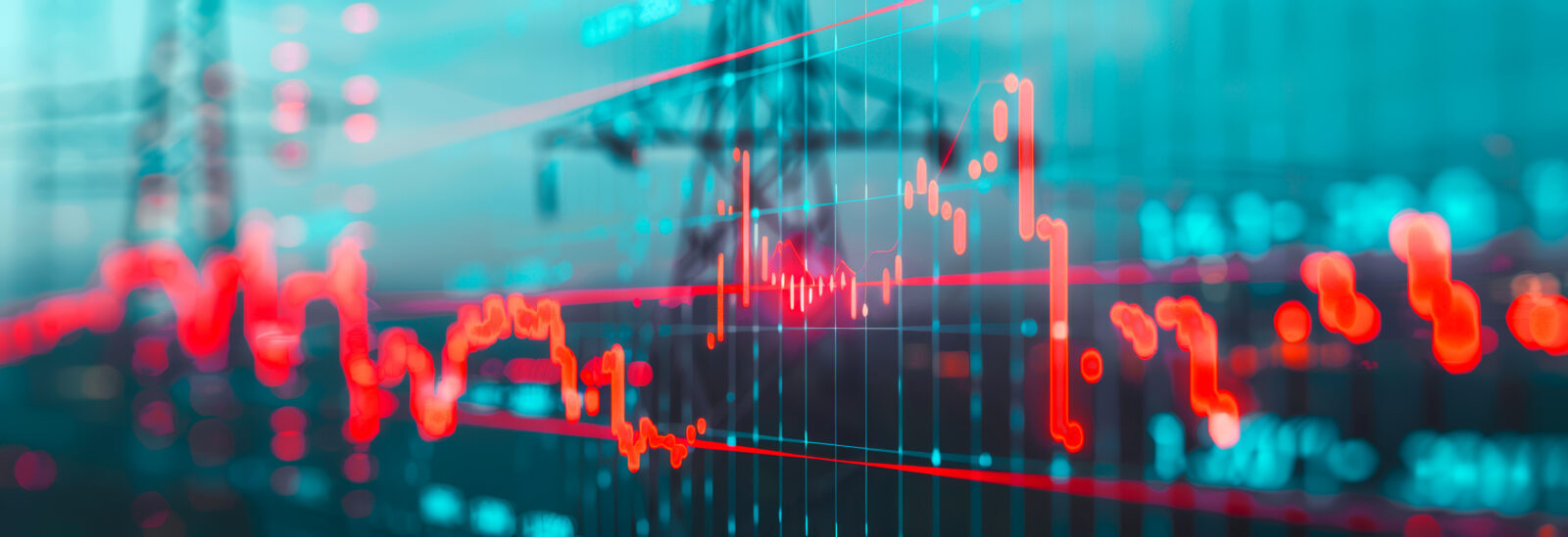 Abstraktes Bild, das schwankende rote und blaue Finanzdiagramme zeigt, überlagert mit verschwommenen Stromleitungen und einem Strommast im Hintergrund, als Symbol für Energiemärkte und die Analyse wirtschaftlicher Daten.