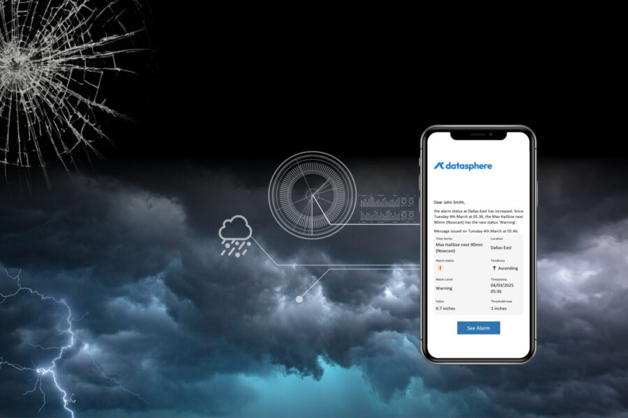 A broken glass overlays a dark, stormy sky with lightning. An iPhone displays a weather warning message from datasphere.