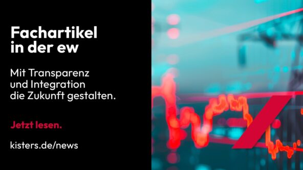 Schwarz-rote Werbegrafik in deutscher Sprache für einen Fachartikel über ew, in dem es um Transparenz und Integration zur Gestaltung der Zukunft geht. Auf der rechten Seite erscheinen ein rotes Liniendiagramm und digitale Datenvisualisierungen.