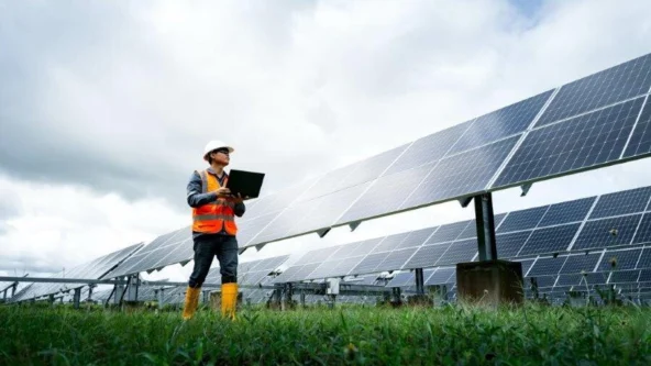 Eine Person mit Sicherheitsweste und Helm steht auf Gras in der Nähe einer großen Solarpaneel-Anlage, hält einen Laptop und blickt auf die Paneele, mit einem bewölkten Himmel im Hintergrund.