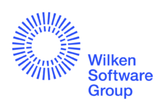 Blaues Logo mit einem kreisförmigen Muster aus strahlenförmigen Linien auf der linken Seite, daneben der Text Wilken Software Group in fetten blauen Buchstaben auf weißem Hintergrund.