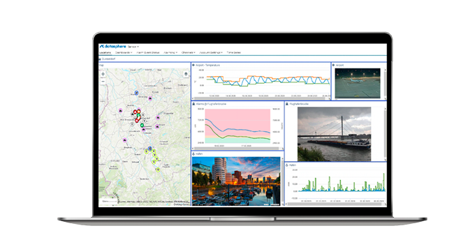 A laptop displays a data dashboard with maps, graphs, and photos, including line charts, a bar chart, a city map with markers, and images of cityscapes and a bridge.