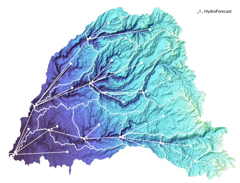 A topographic map of a river basin with blue and purple elevation shading, showing river networks and white lines and dots representing monitoring locations, labeled with the HydroForecast logo.