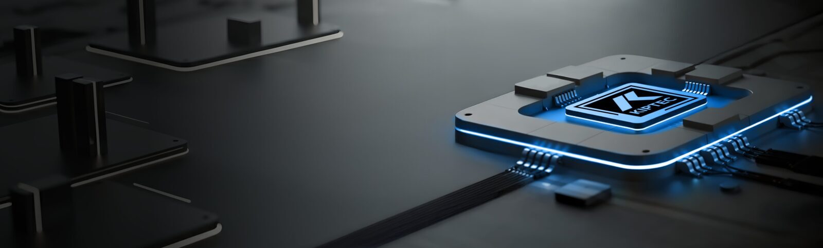 A close-up of a computer chip with glowing blue edges and the word “KATEC” on its surface, connected by illuminated circuits on a dark, futuristic motherboard.