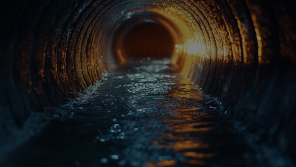 A tunnel with flowing water is illuminated by warm orange light, creating reflections on the wet, textured walls and water surface. The far end of the tunnel is visible with a bright light source.