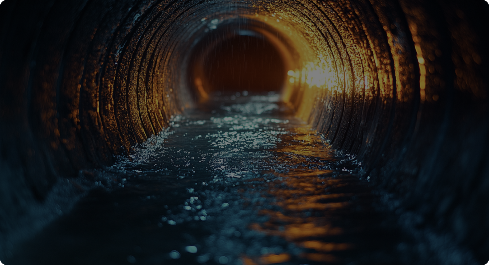 A tunnel with flowing water is illuminated by warm orange light, creating reflections on the wet, textured walls and water surface. The far end of the tunnel is visible with a bright light source.