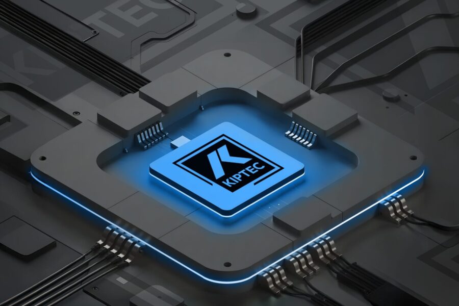 A stylized computer chip with glowing blue edges features the KIPTEC logo at the center, set against a dark, futuristic circuit board background.