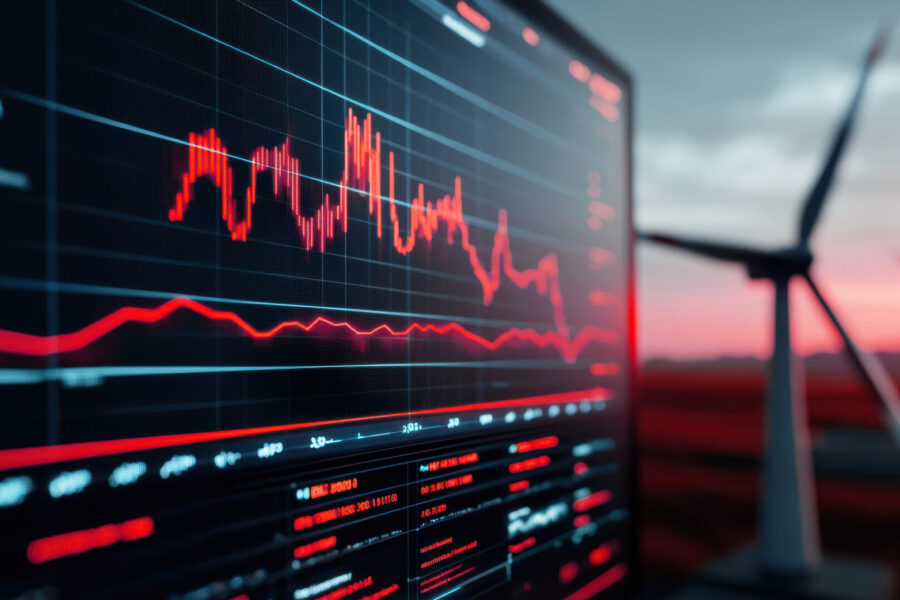 Auf einem Computerbildschirm werden fluktuierende rote Finanzdiagramme und -daten angezeigt, im Hintergrund sind unscharfe Windturbinen.
