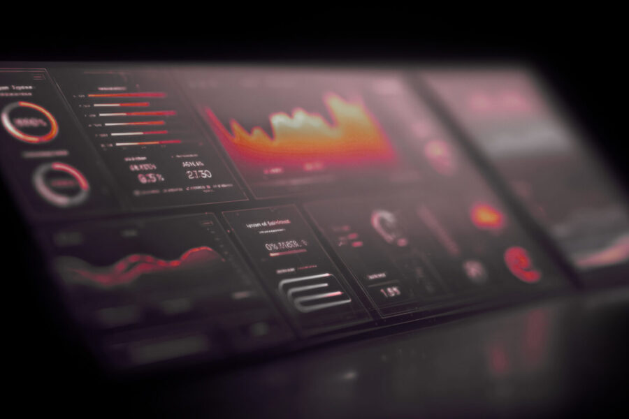 Ein digitales Dashboard zeigt verschiedene farbige Diagramme, Grafiken und Datenvisualisierungen auf einem dunklen Hintergrund an.