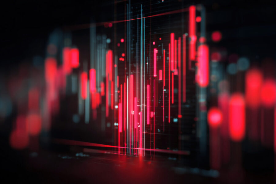 Abstraktes Bild mit roten vertikalen Balken und Linien auf dunklem Hintergrund.