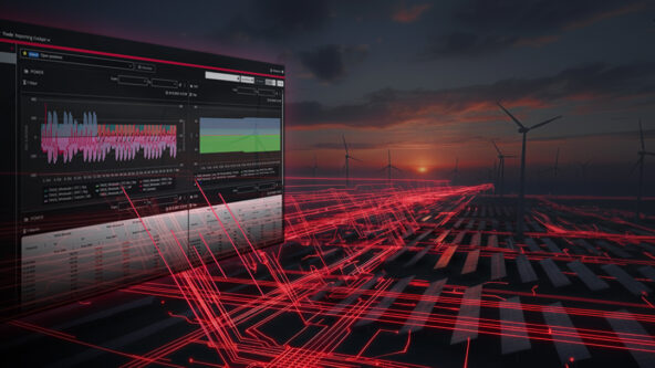 Ein digitales Dashboard mit Diagrammen und Grafiken überlagert einen Windpark bei Sonnenuntergang mit roten Linien, die Datenverbindungen darstellen.