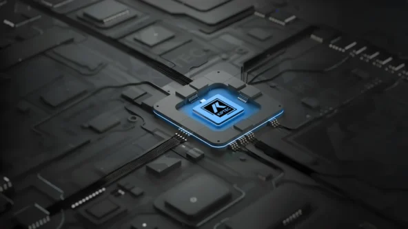 Eine Nahaufnahme eines leuchtenden Computer-Mikrochips mit der Aufschrift AI Kernel auf einer dunklen Leiterplatte, mit leuchtenden Linien, die mit anderen Komponenten verbunden sind und die fortgeschrittene Technologie der künstlichen Intelligenz symbolisieren.