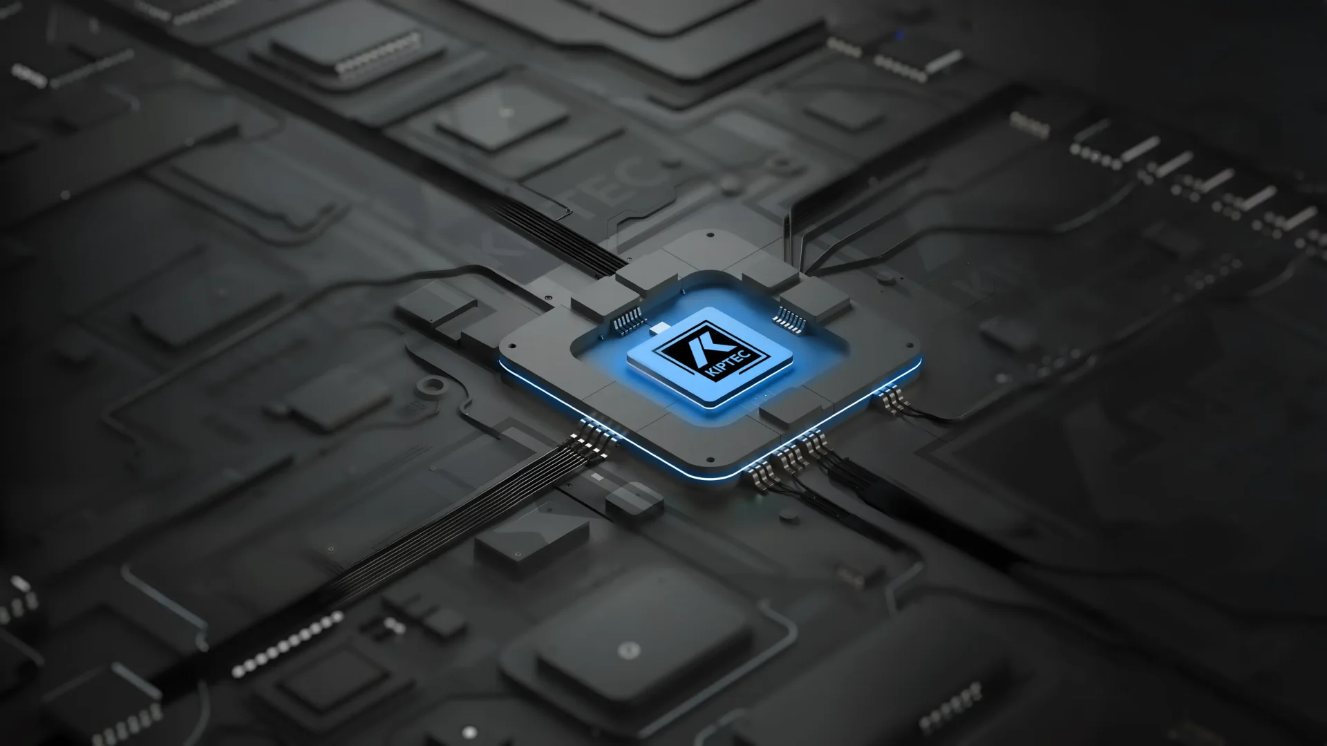 Eine Nahaufnahme eines leuchtenden Computer-Mikrochips mit der Aufschrift AI Kernel auf einer dunklen Leiterplatte, mit leuchtenden Linien, die mit anderen Komponenten verbunden sind und die fortgeschrittene Technologie der künstlichen Intelligenz symbolisieren.