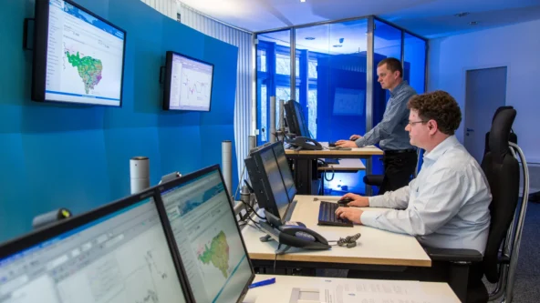 Two men work at computer desks in a modern office with large monitors showing maps and data charts. One is seated typing, the other stands at a high desk. The environment is bright, with blue accent walls and glass partitions.