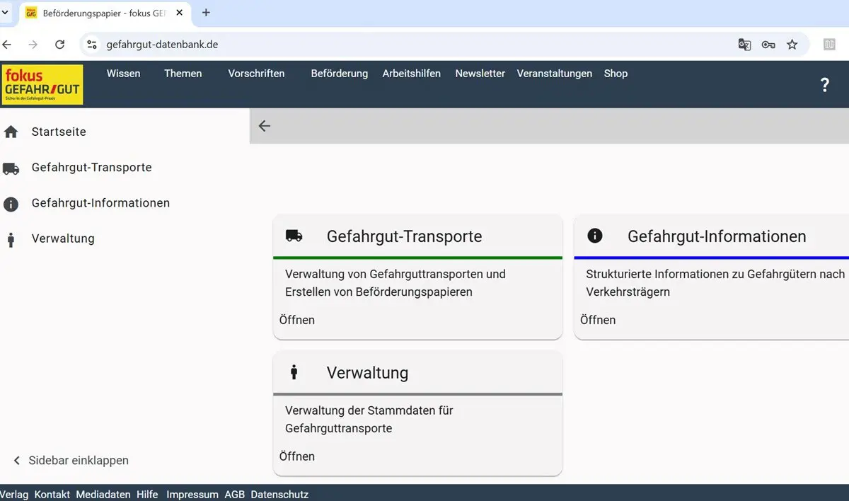 Screenshot der neuen Datenbank von fokus GEFAHRGUT
