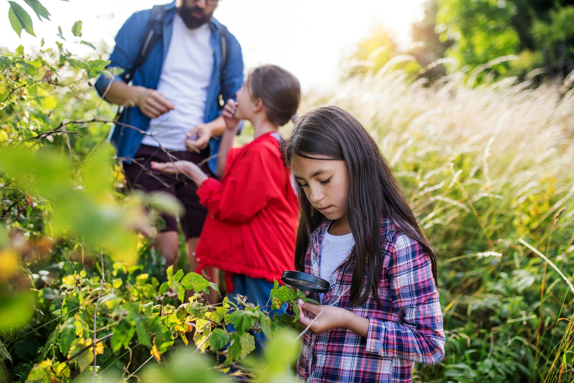 girl examines plant leaves under magnifying lens; another student & teacher pick fruit via Unsplash